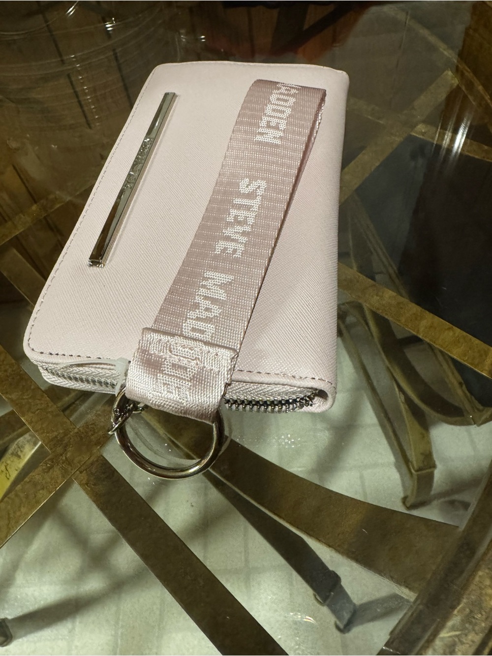 Steve Madden Blush Pink Card Case with Metal Logo Bar, Wide Strap